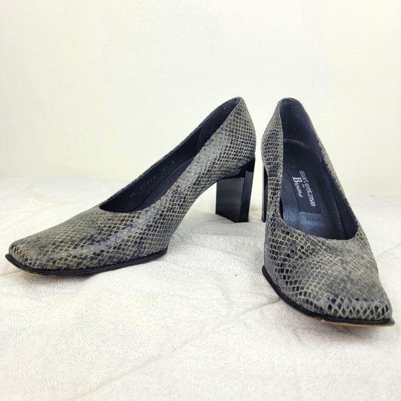 Stuart Weitzman snakeskin gray leather square toe block heel shoe pump work 6.5 - Picture 3 of 12